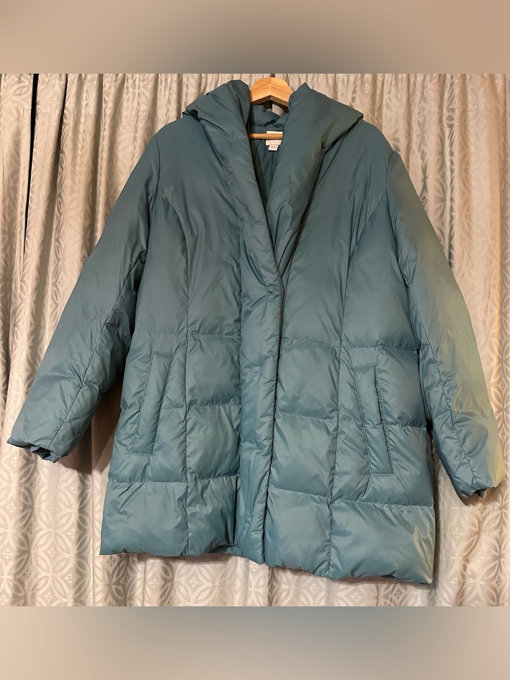 J Jill Down Quilted Puffer Jacket Hood Long Line Coat Green Zip Snap Pocket Sz L